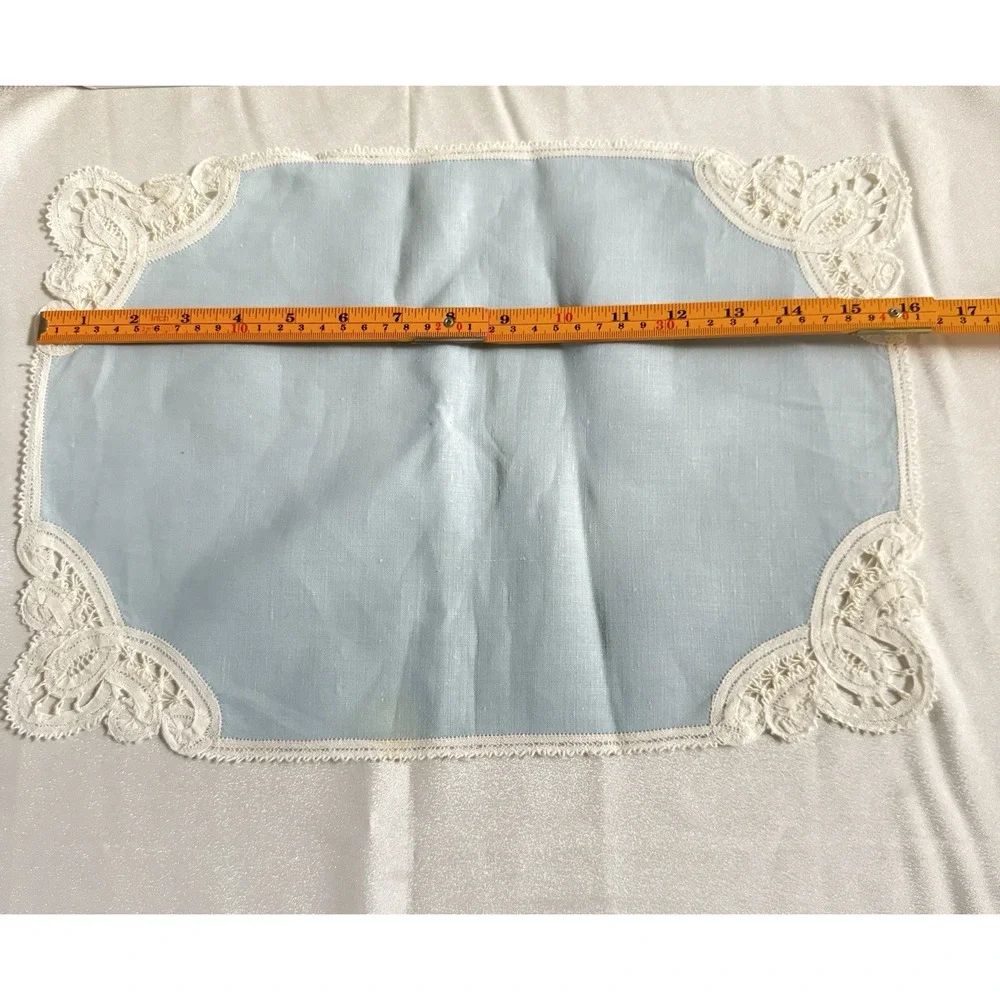 Vintage Blue Linen Placemats 16x11 Napkins 11x11 Set 23pc Lace Trim Estate
